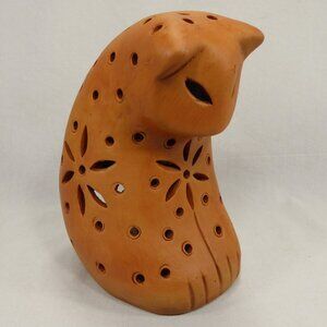 Terracotta Cat Luminary Tealight Candle Holder Pierced Floral Folk Art Boho 7"